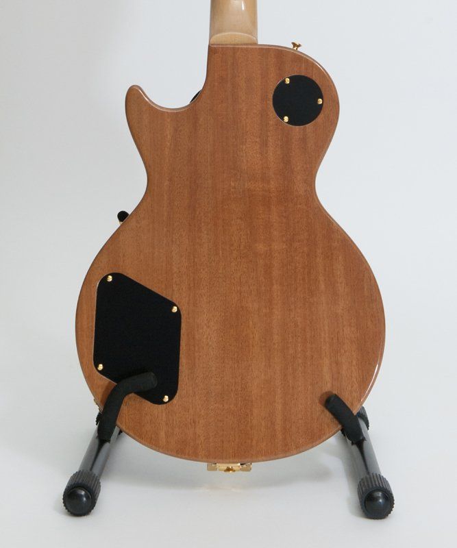 The back of a guitar is shown on a stand