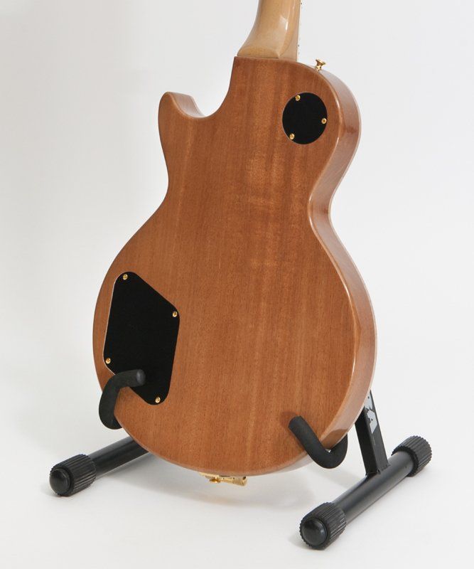 The back of a guitar is shown on a stand