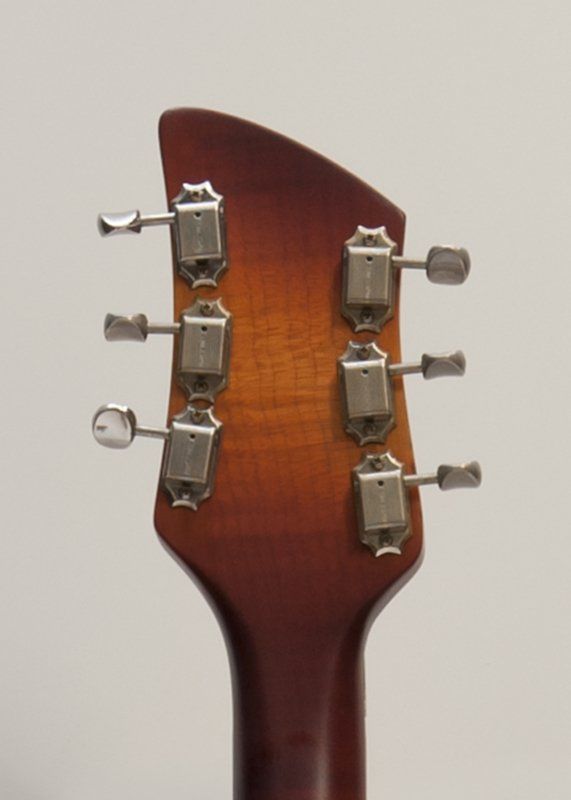 A close up of the headstock of an electric guitar