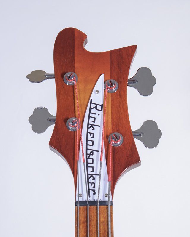 The headstock of a rickenbacker bass guitar