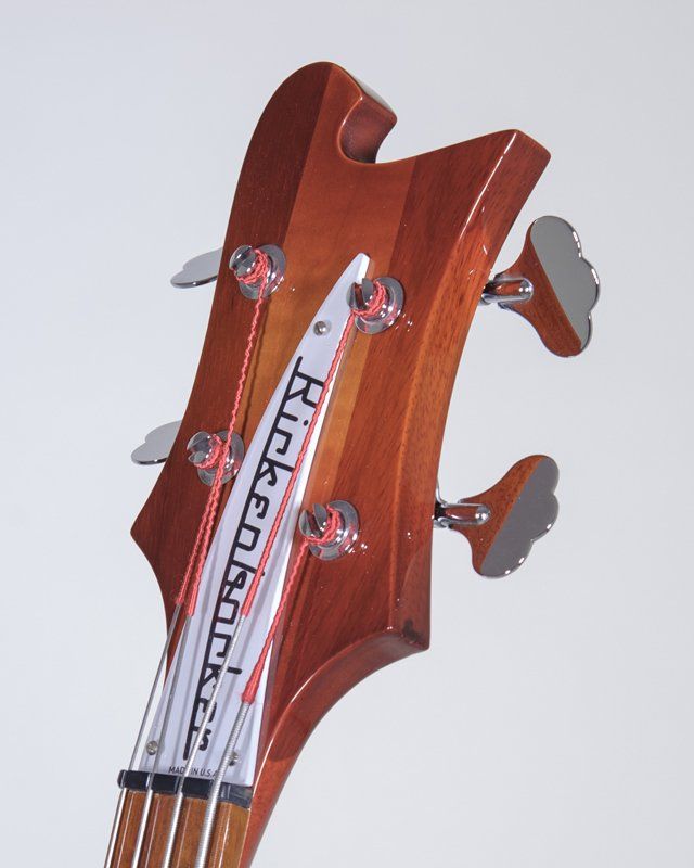 The headstock of a rickenbacker bass guitar