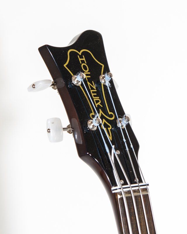 A close up of the headstock of a guitar which says ' joel zur ' on it