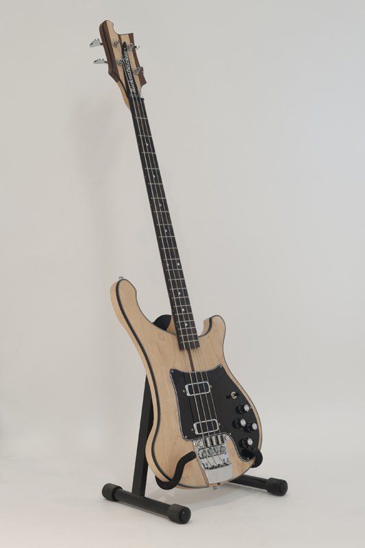 A guitar is sitting on a stand on a white background