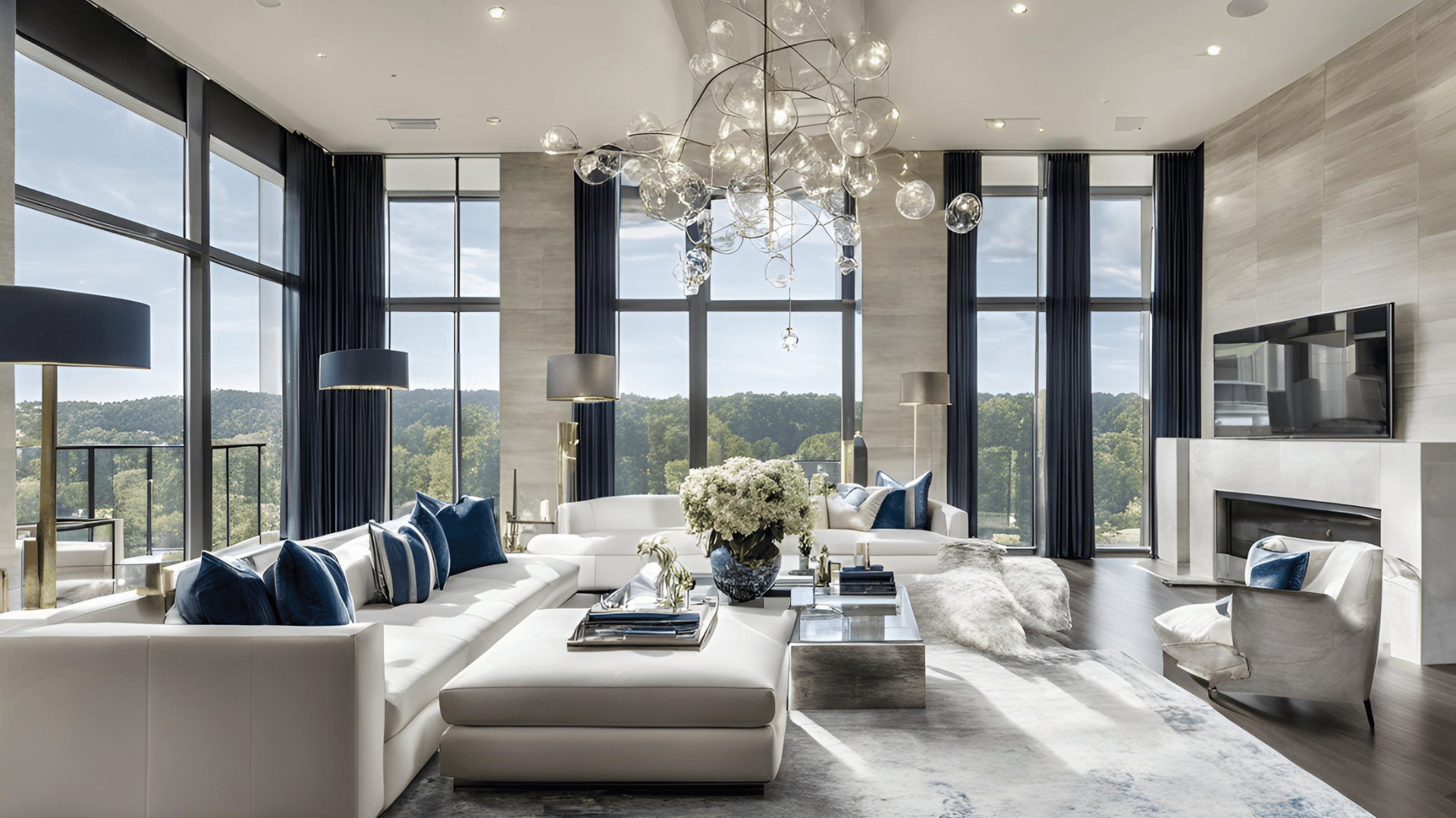 A living room with a lot of furniture and a chandelier.