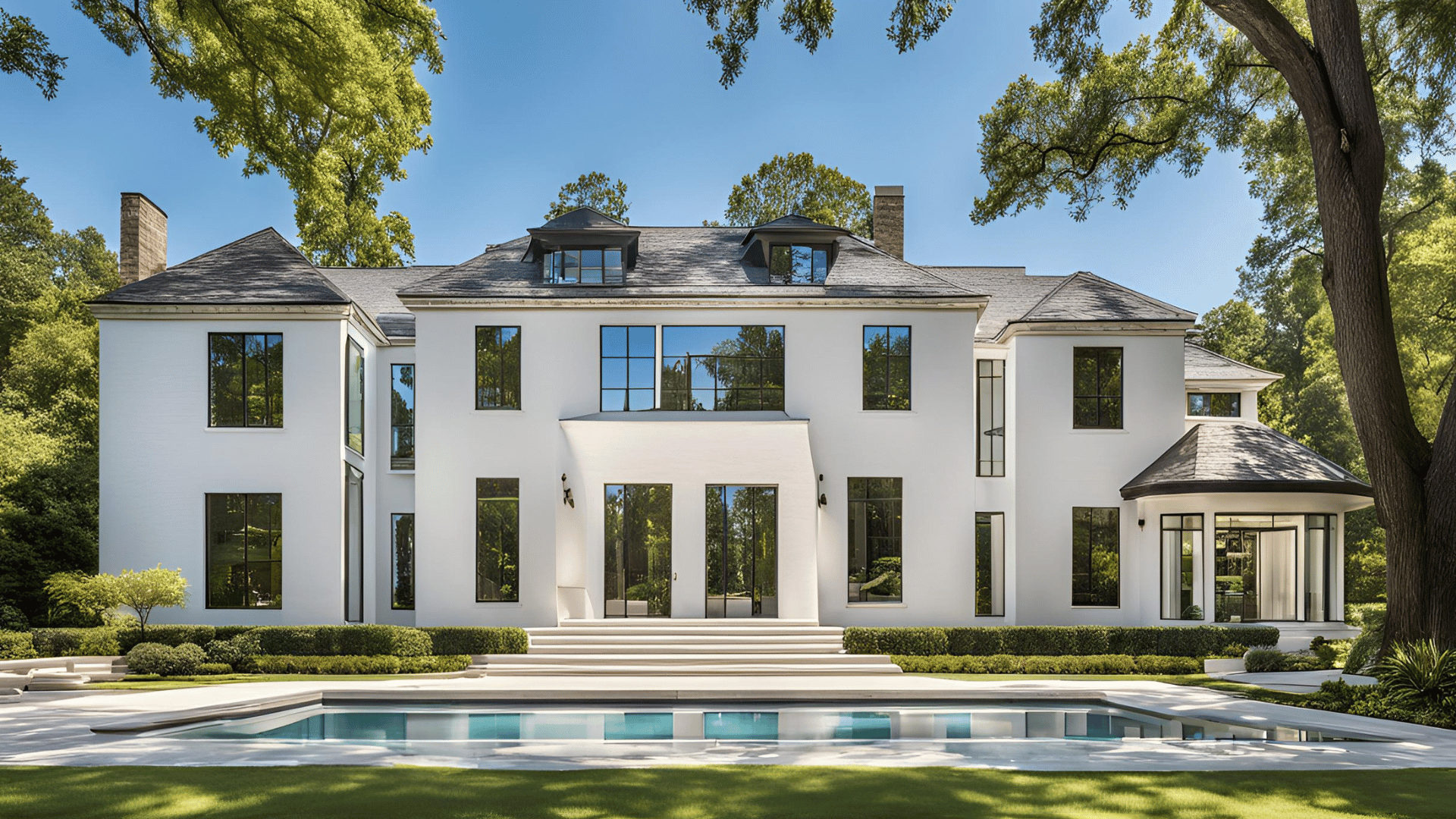 A large white house with a large swimming pool in front of it.