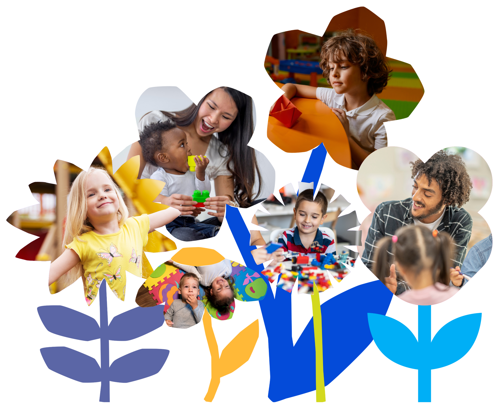 Children and adults interact in colorful flower-shaped collages.