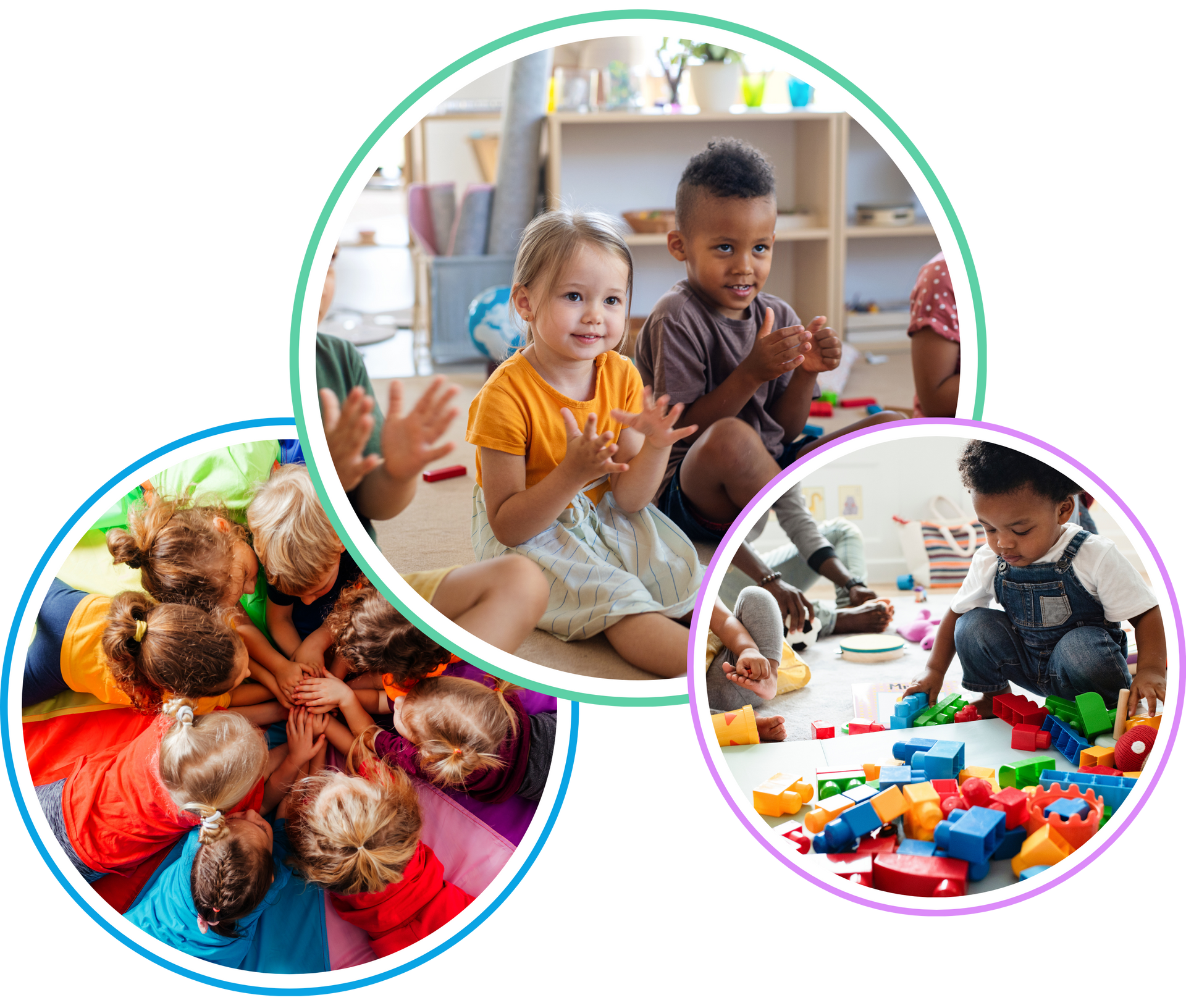 Children at play: group of kids in circles, clapping, playing with blocks, and looking down at something.