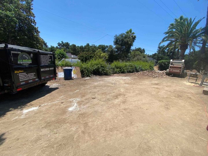 A dumpster is parked in a dirt lot next to a palm tree.
