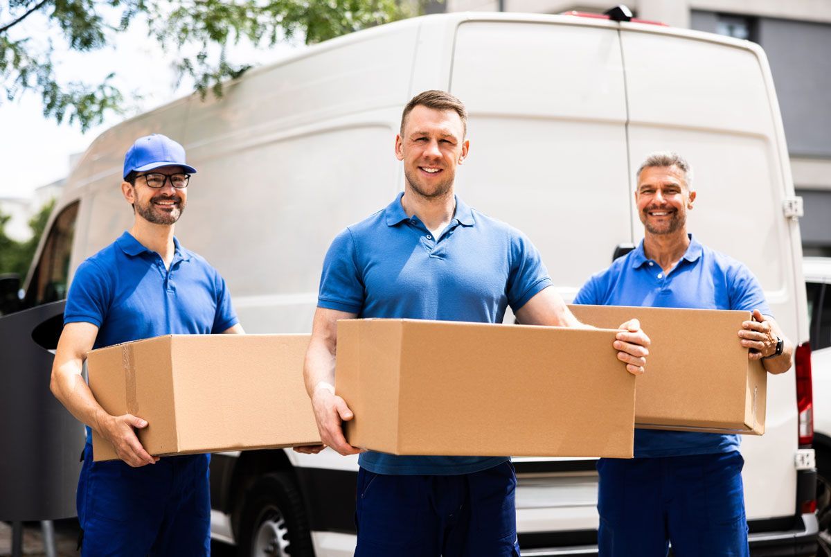 Three delivery men are holding cardboard boxes in front of a van.
