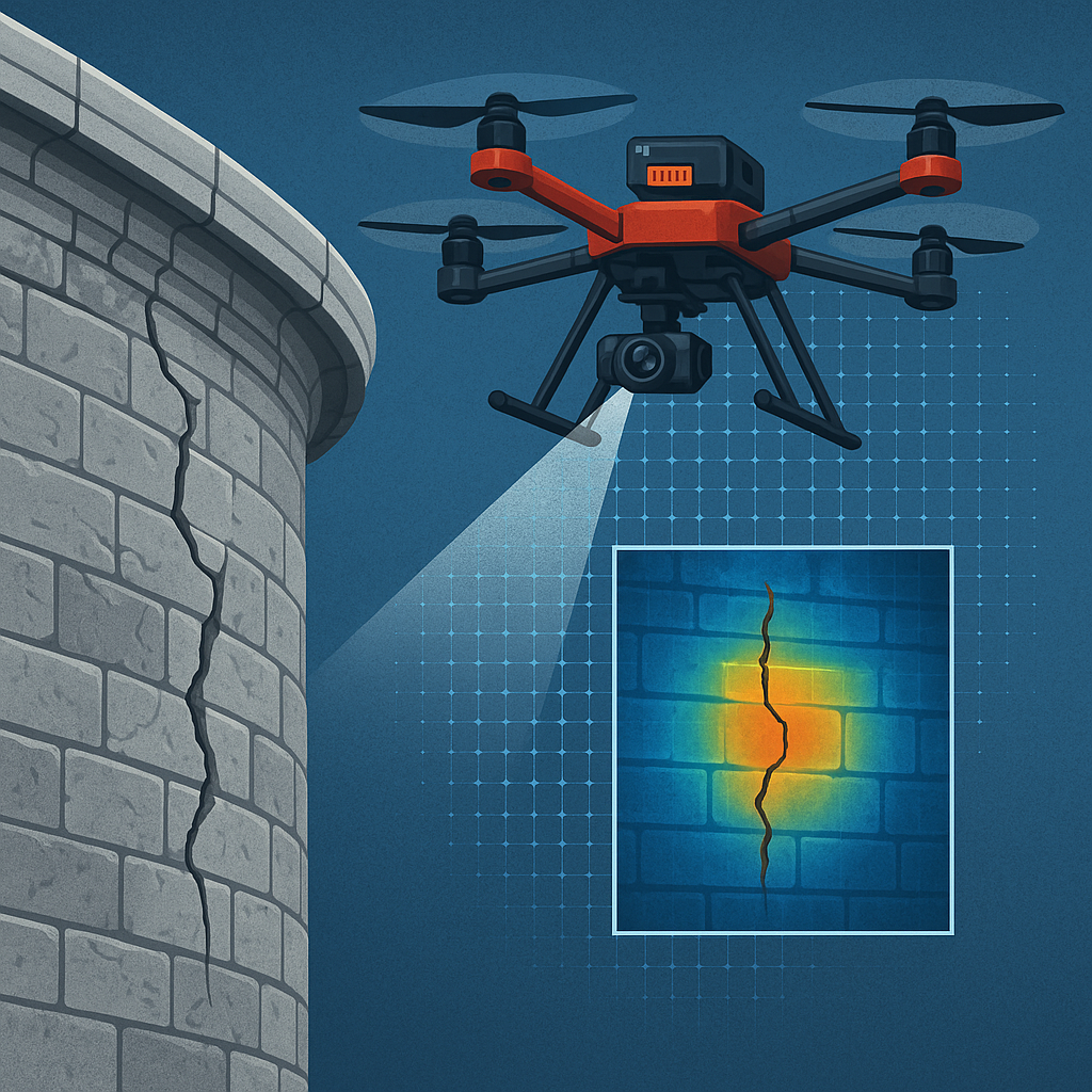 illustration d'un drone inspectant une tour ancienne