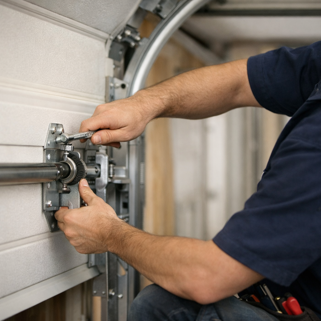 Garage door repair in Centralia WA technician fixing cable drum and track hardware