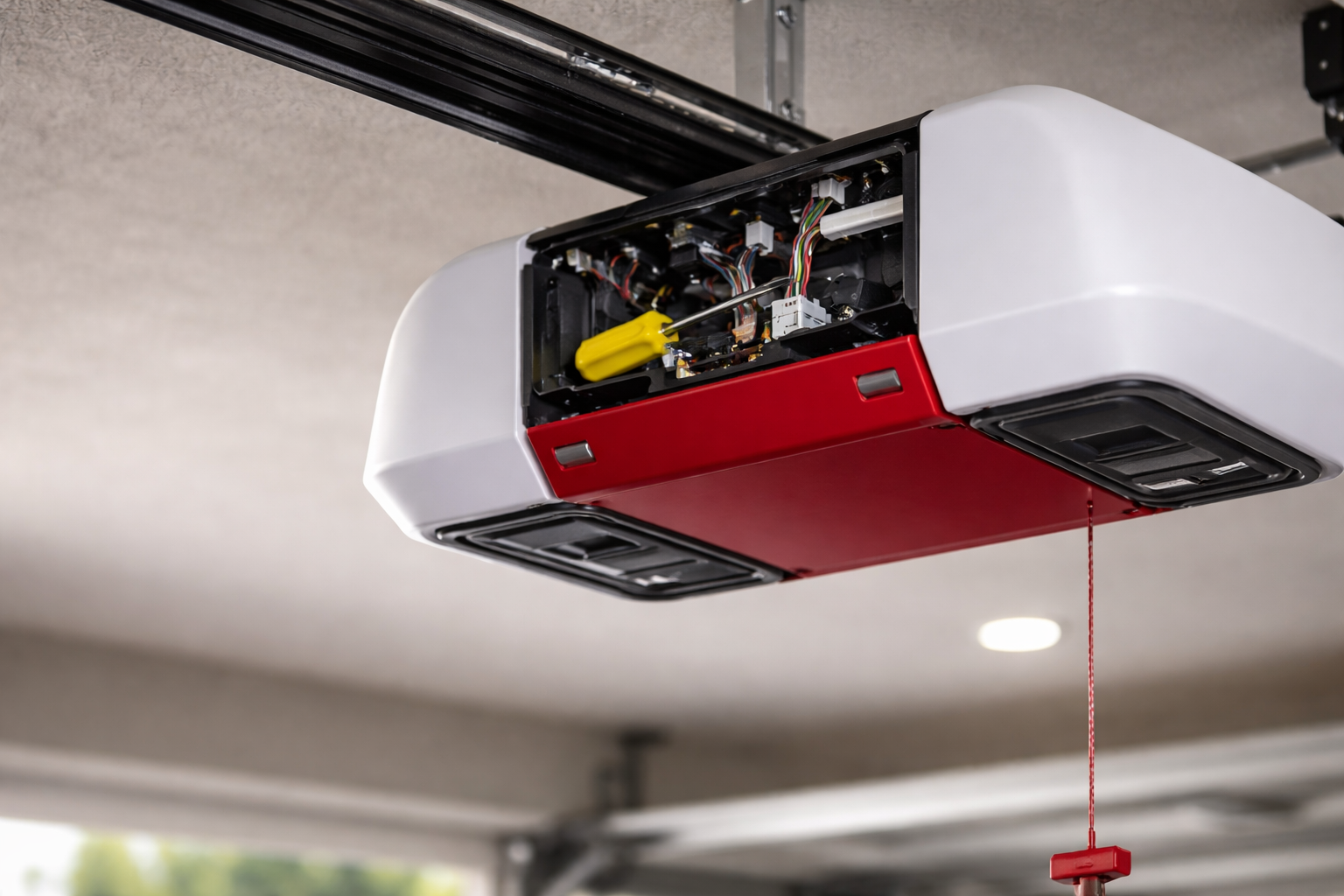 Garage door opener repair with exposed wiring and internal components