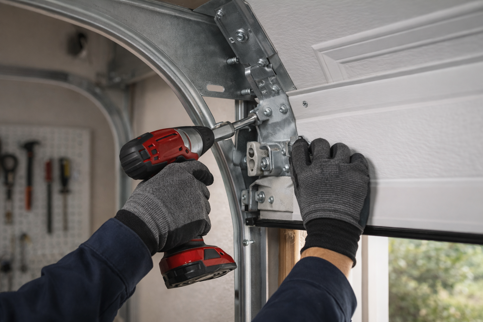 Garage door repair in Olympia WA showing hinge and track hardware adjustment