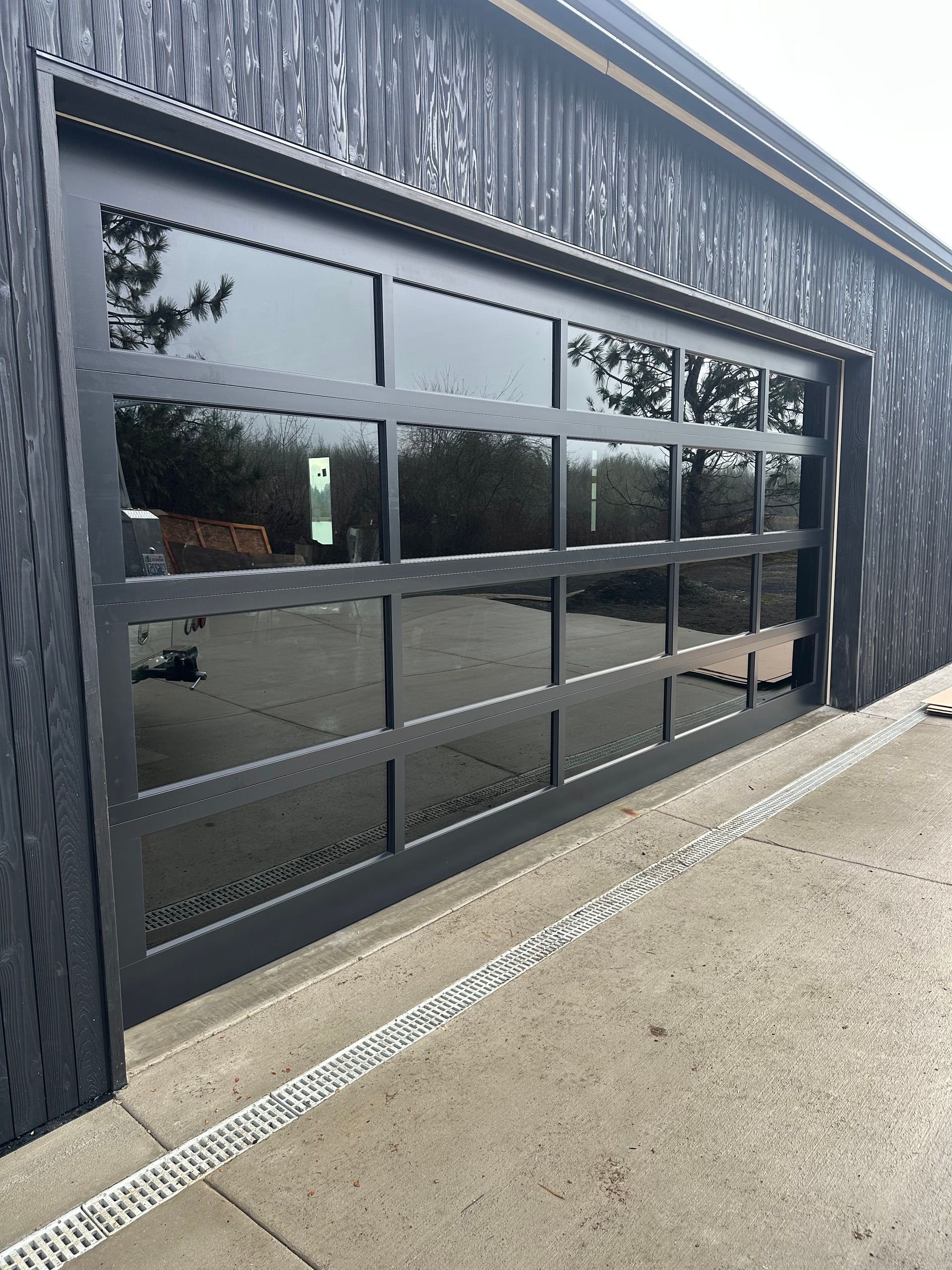 Modern residential garage door with black frame and glass panels