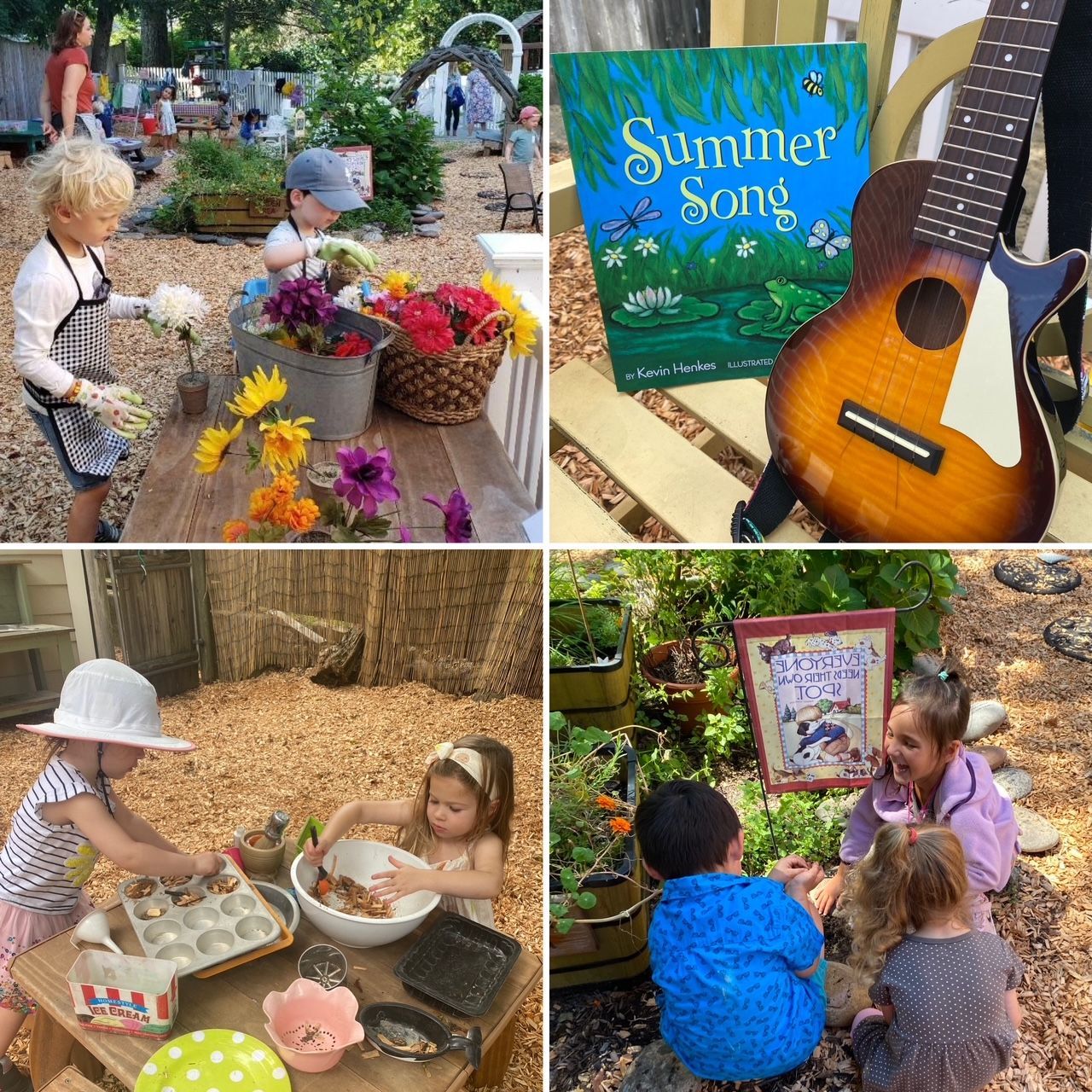 A collage of children playing in a garden with a guitar and a book titled summer song