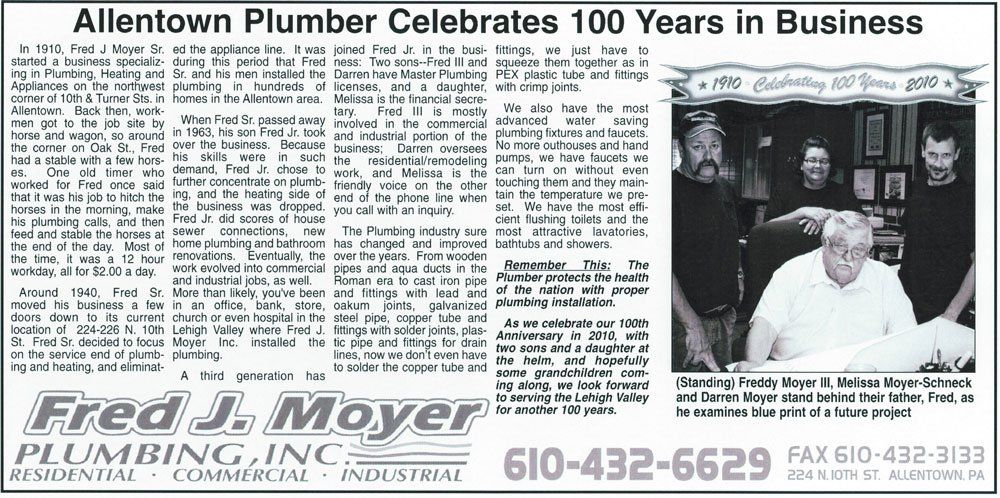 News Paper — Allentown, PA — Fred J Moyer Plumbing Inc