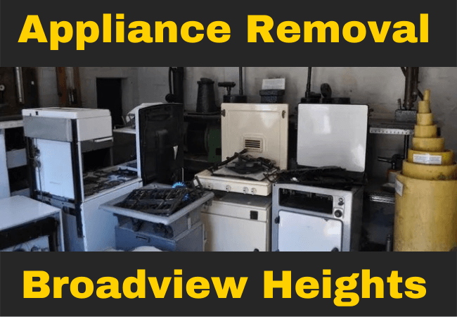 room full of kitchen appliances and stoves that reads appliance removal broadview heights
