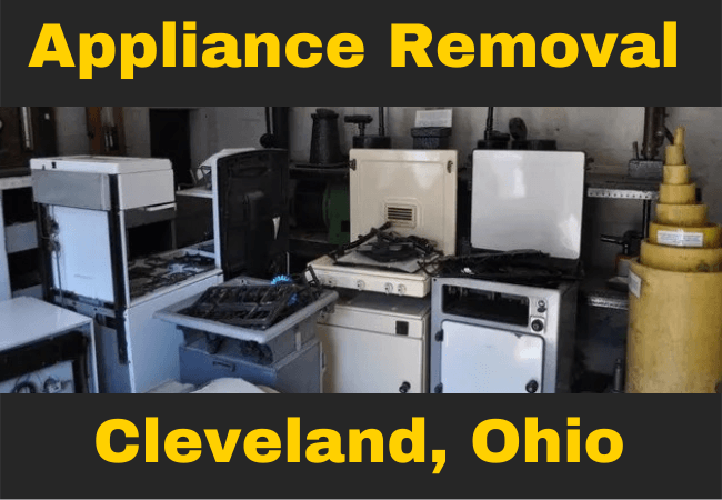 room full of kitchen appliances and stoves that reads appliance removal cleveland, ohio
