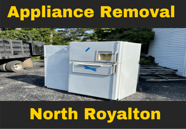 2 refrigerators outside in a driveway with text that reads appliance removal north royalton