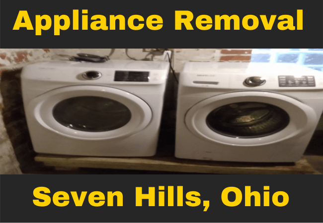 a washer and dryer in a basement with text that reads appliance removal seven hills, ohio