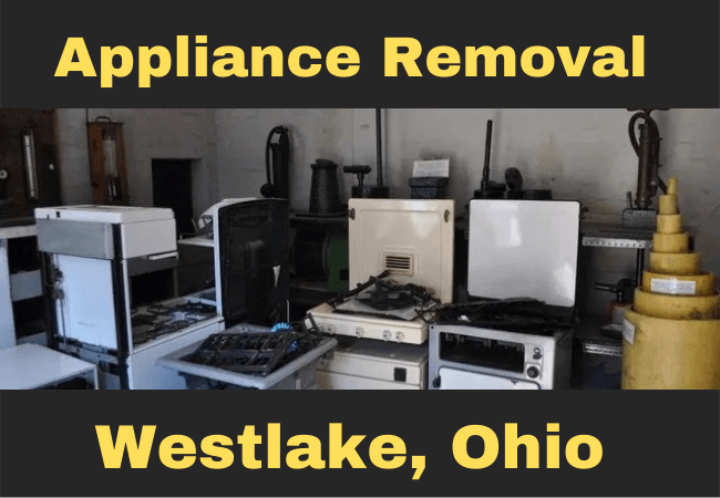 room full of kitchen appliances and stoves that reads appliance removal westlake, ohio