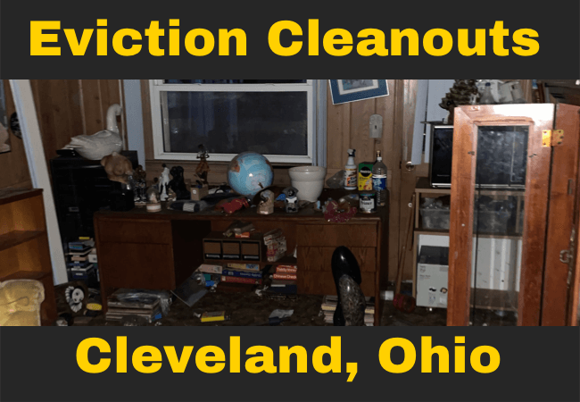 a room with wood panel walls full of trash junk and furniture with text that reads eviction cleanouts cleveland, ohio