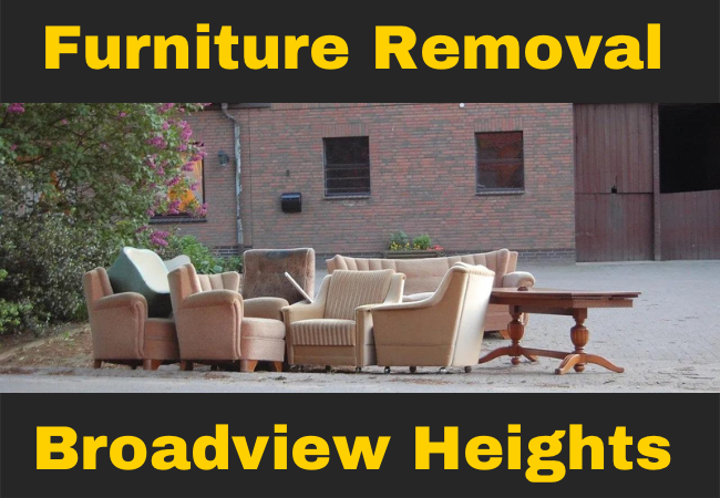 living room chairs, a couch, and a table on the curb outside with text that says furniture removal broadview heights