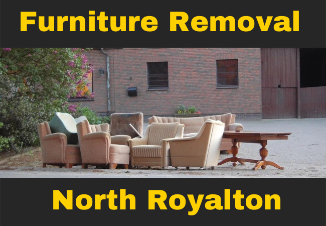 a pile of furniture outside with text that reads furniture removal north royalton