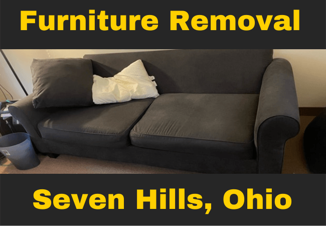 a grey couch with 2 pillows next to a trash can with text that reads furniture removal seven hills, ohio