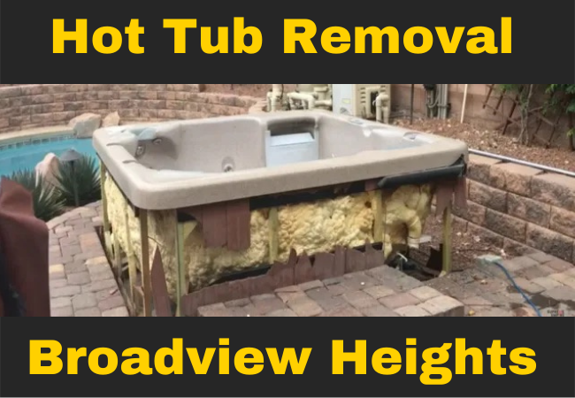 a broken hot tub on a brick patio with a caption that says hot tub removal broadview heights