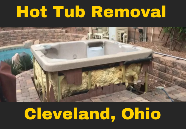hot tub in a backyard that is missing its front panel with text that reads hot tub removal cleveland, ohio