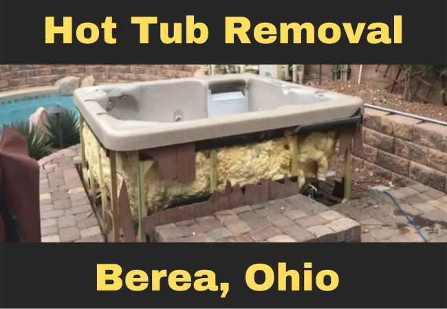 hot tub in a backyard that is missing its front panel with text that reads hot tub removal  Berea, Ohio
