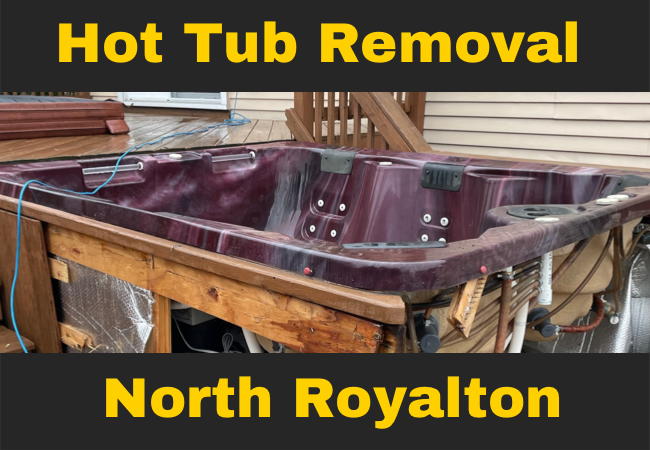 a purple hot tub that is falling apart with text that reads hot tub removal north royalton