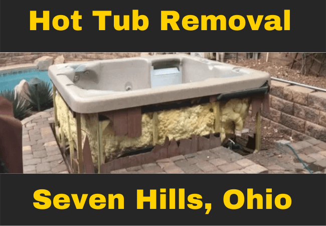 a brown hot tub with missing side panels that has been partially taken apart with text that reads hot tub removal seven hills, ohio