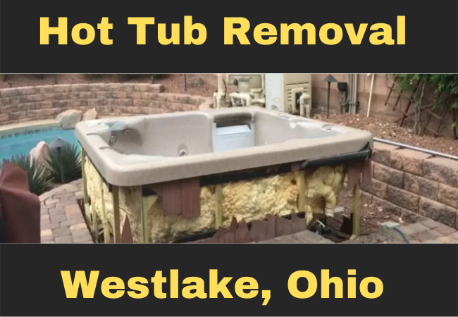 hot tub in a backyard that is missing its front panel that reads hot tub removal westlake, ohio