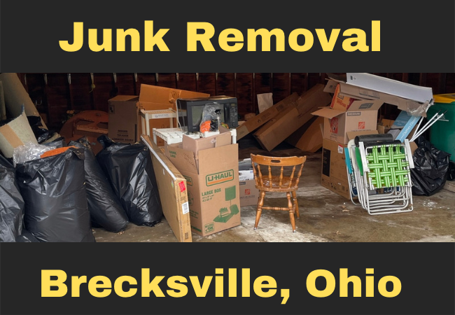A Bunch of junk and trash inside a garage caption reads junk removal brecksville, ohio