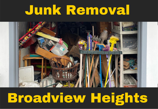 a garage full of miscellaneous junk and text that reads junk removal broadview heights
