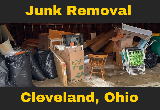 A Bunch of junk and trash inside a garage caption reads junk removal cleveland, ohio