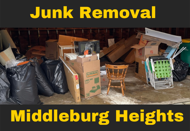 a bunch of garbage and junk in a garage with text that reads junk removal middleburg heights