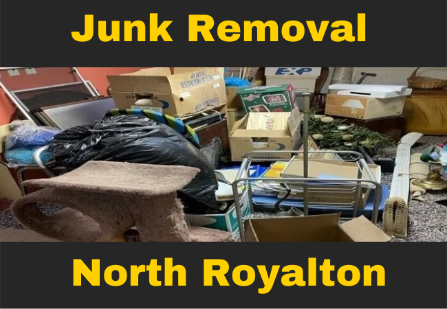 a pile of miscellaneous junk in a basement with text that reads junk removal north royalton