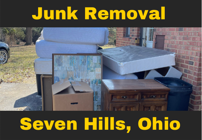 a pile of mattresses and junk next to a brick house with text that reads junk removal seven hills, ohio