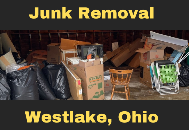 A Bunch of junk and trash inside a garage that reads junk removal westlake ohio