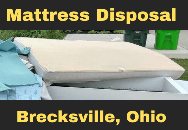 A Pile of mattresses and a torn down bed on the curb with text that says junk removal brecksville, ohio