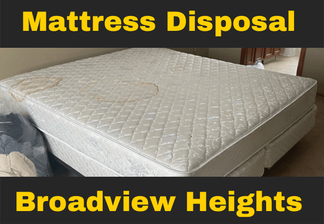 a mattress with stains on it and text that reads mattress disposal broadview heights