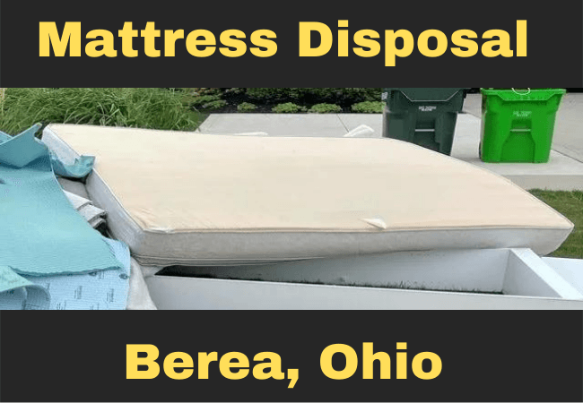 A Pile of mattresses and a torn down bed on the curb and text that reads mattress disposal Berea, Ohio