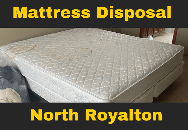a mattress with stains on it and text that reads mattress disposal North Royalton