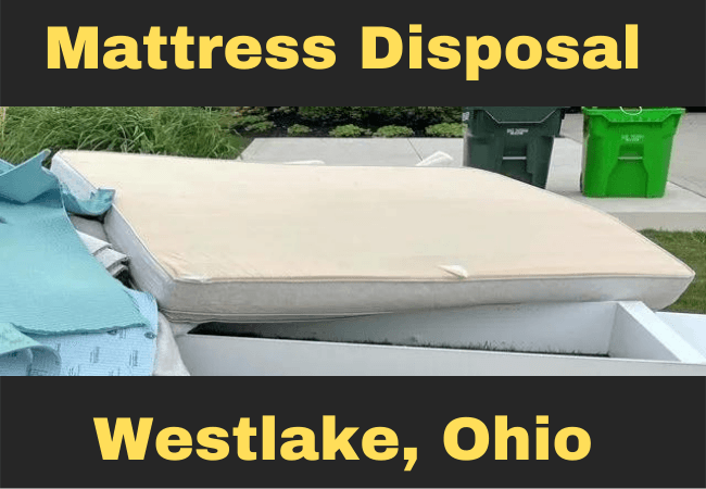 A Pile of mattresses and a torn down bed on the curb and a caption that reads mattress disposal westlake, ohio