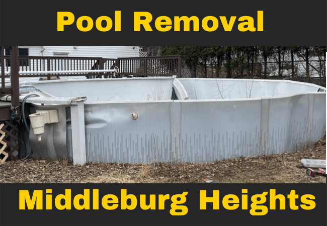an empty swimming pool in someone's backyard that is falling apart with text that reads pool removal middleburg heights