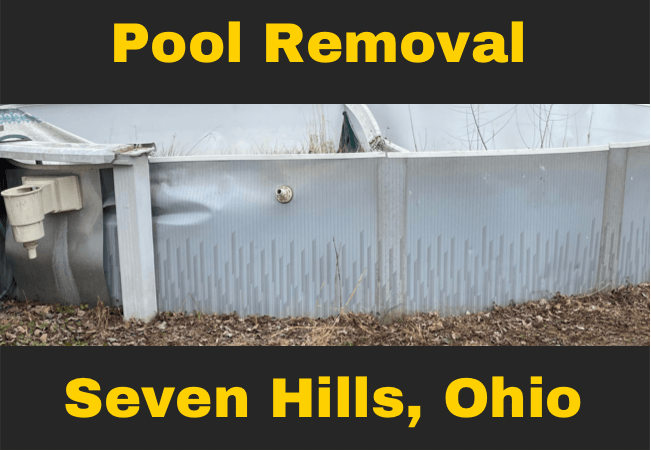 an empty swimming pool in someone's backyard that is falling apart with text that reads pool removal seven hills, ohio