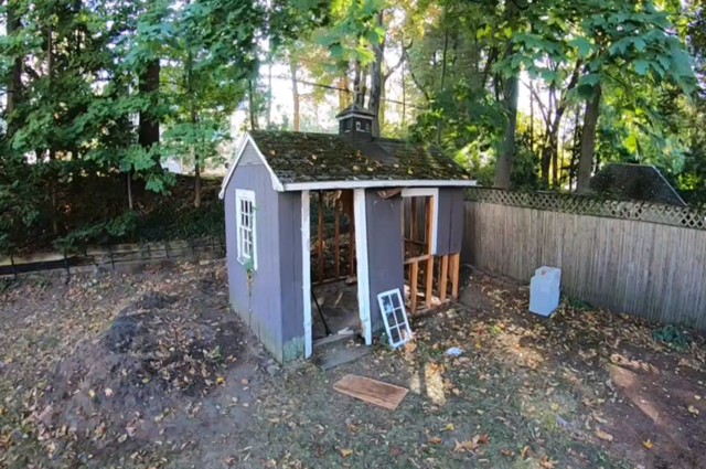 blue shed in a backyard that is missing its door, window, and bottom side wall paneling